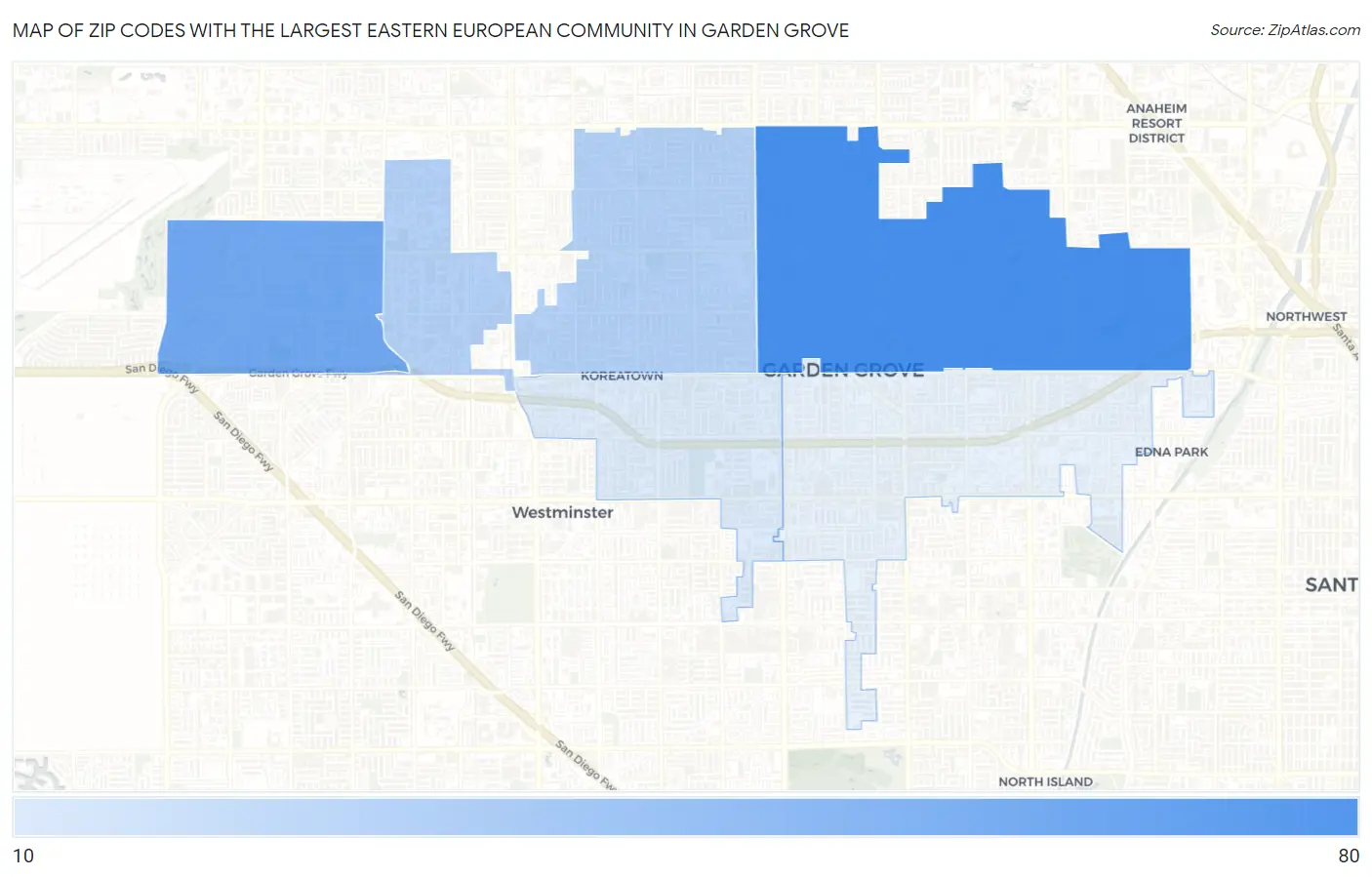 Zip Codes with the Largest Eastern European Community in Garden Grove Map
