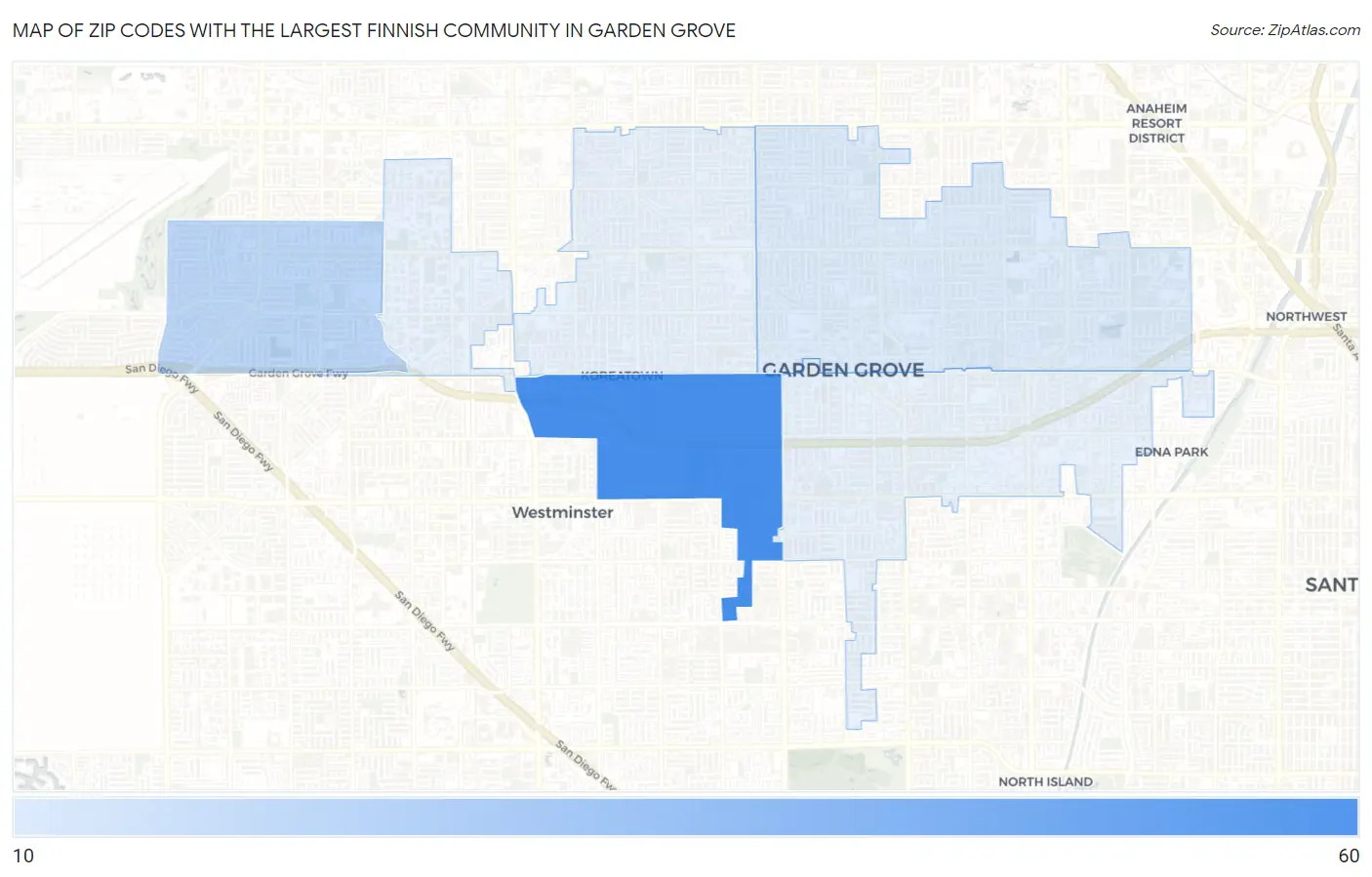 Zip Codes with the Largest Finnish Community in Garden Grove Map