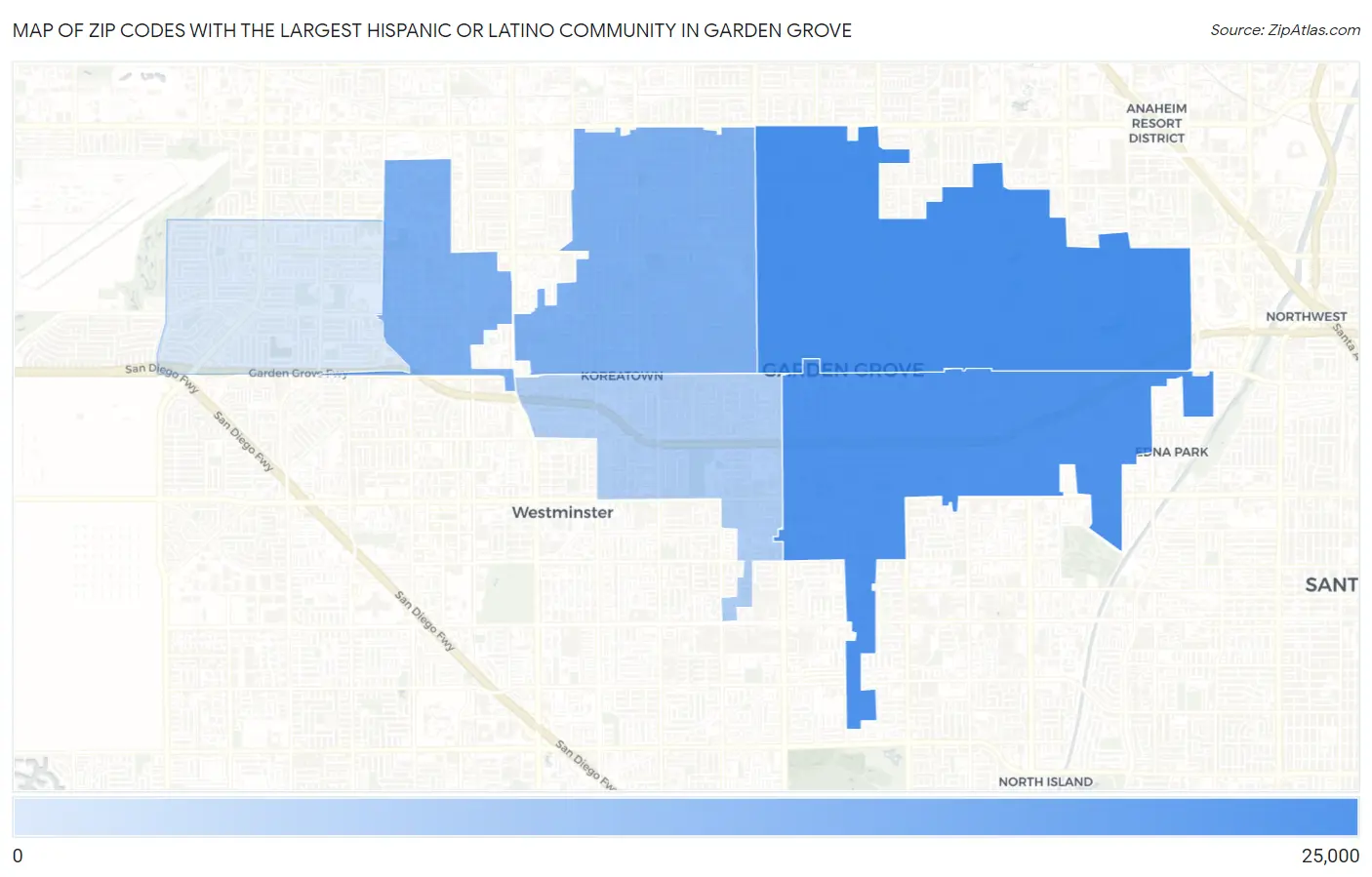 Zip Codes with the Largest Hispanic or Latino Community in Garden Grove Map
