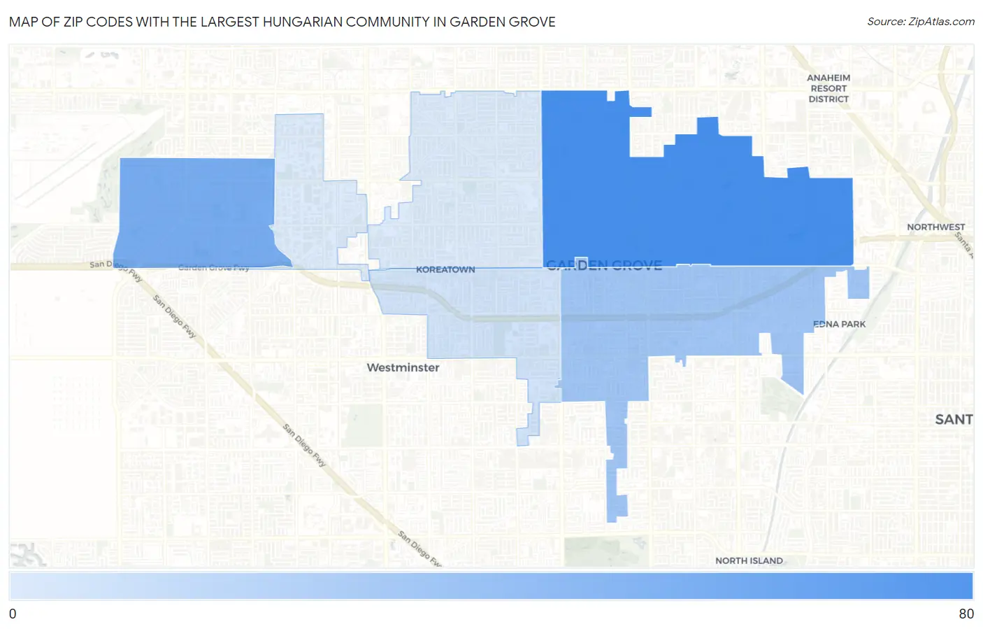 Zip Codes with the Largest Hungarian Community in Garden Grove Map