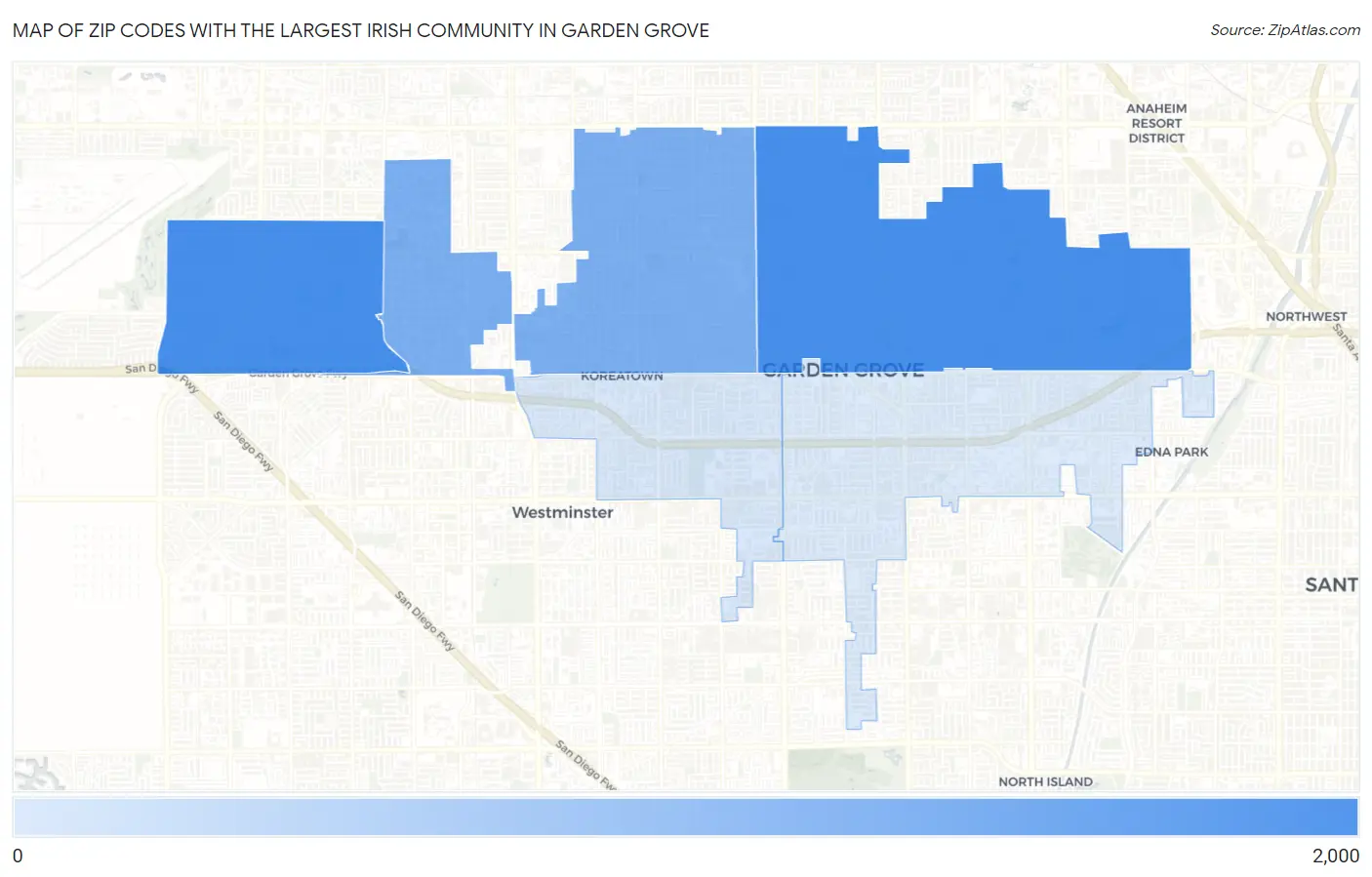Zip Codes with the Largest Irish Community in Garden Grove Map