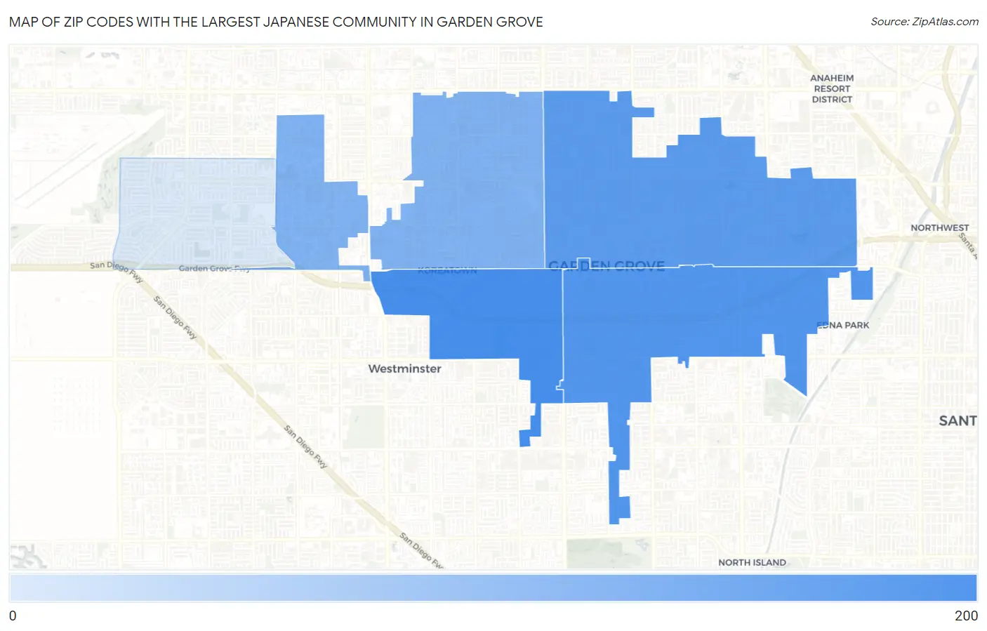 Zip Codes with the Largest Japanese Community in Garden Grove Map