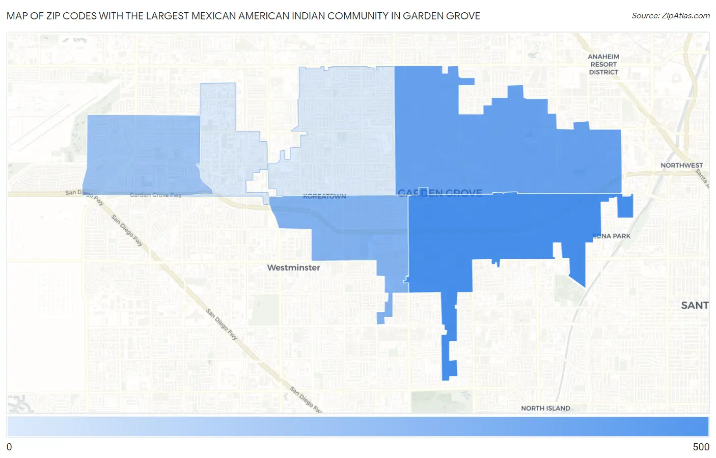 Zip Codes with the Largest Mexican American Indian Community in Garden Grove Map