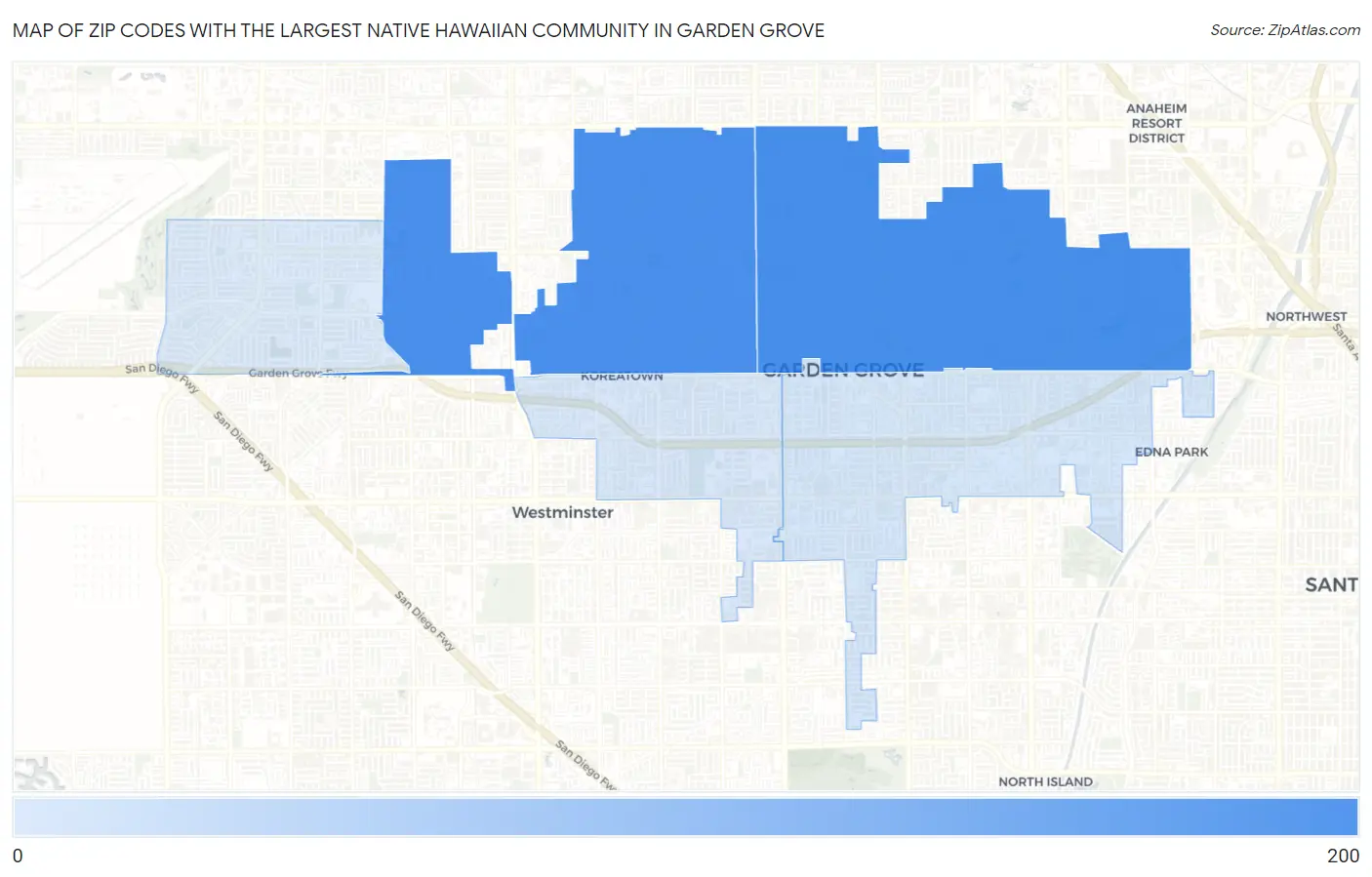 Zip Codes with the Largest Native Hawaiian Community in Garden Grove Map