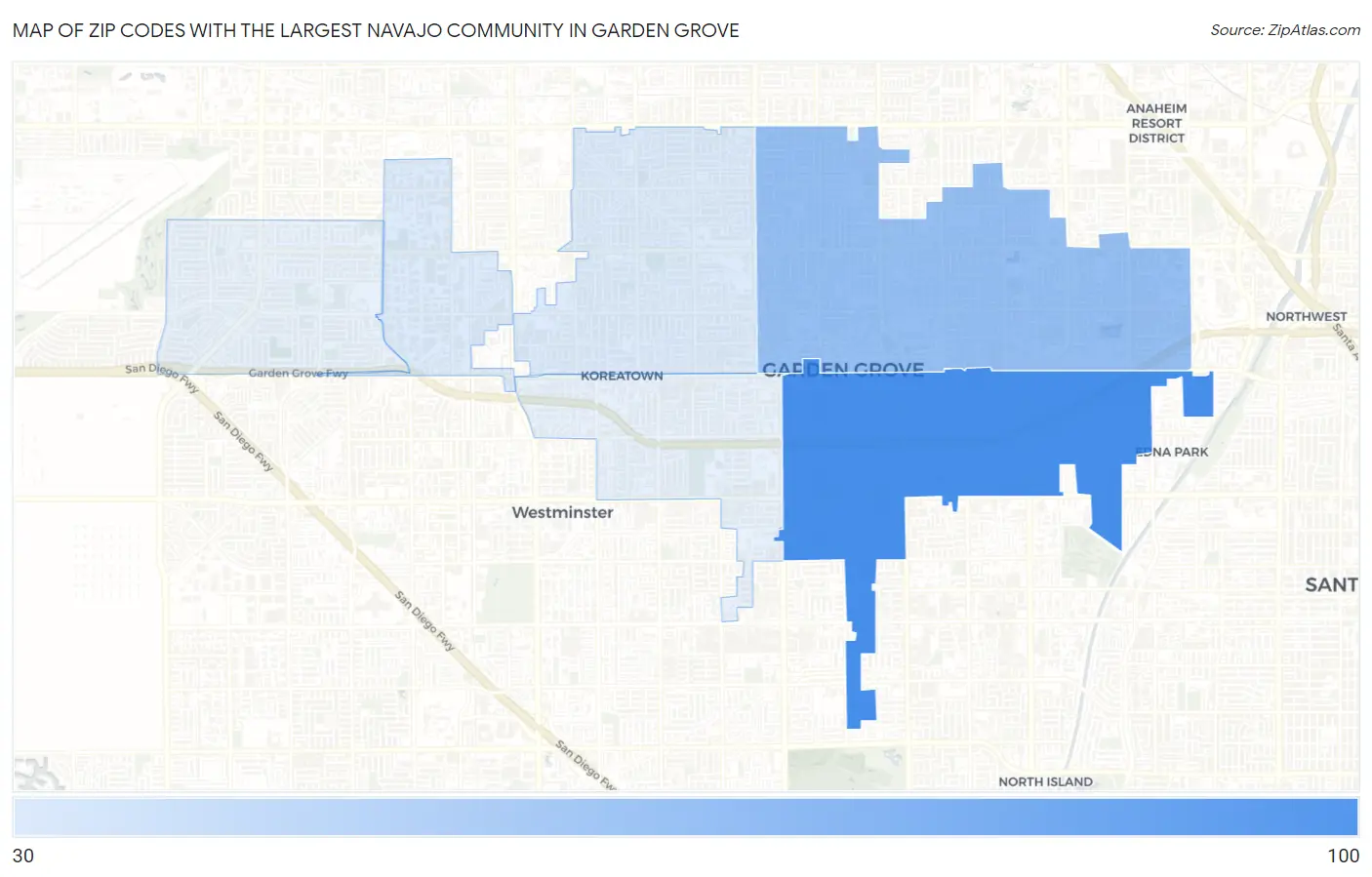 Zip Codes with the Largest Navajo Community in Garden Grove Map