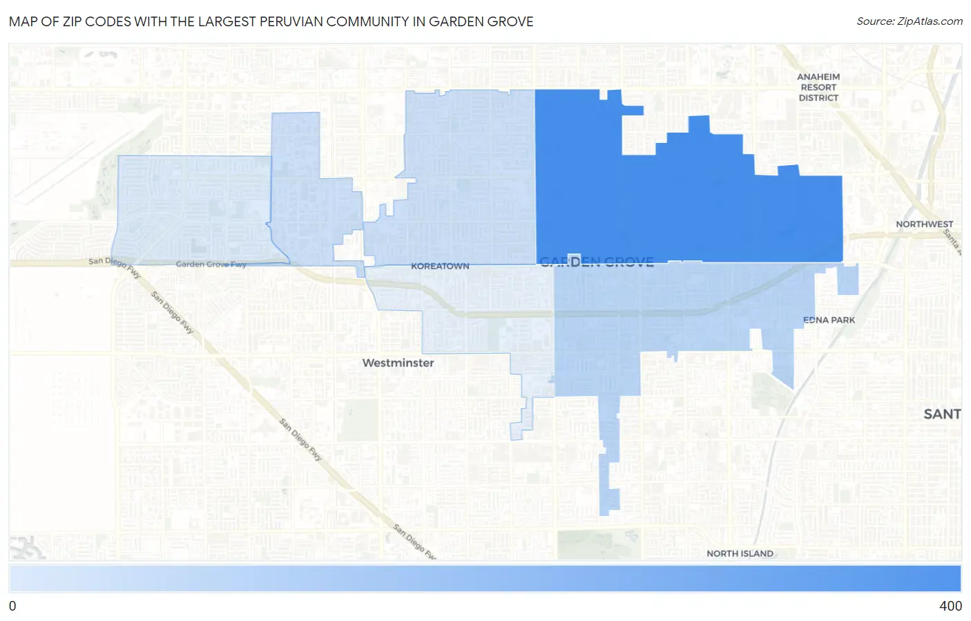 Zip Codes with the Largest Peruvian Community in Garden Grove Map