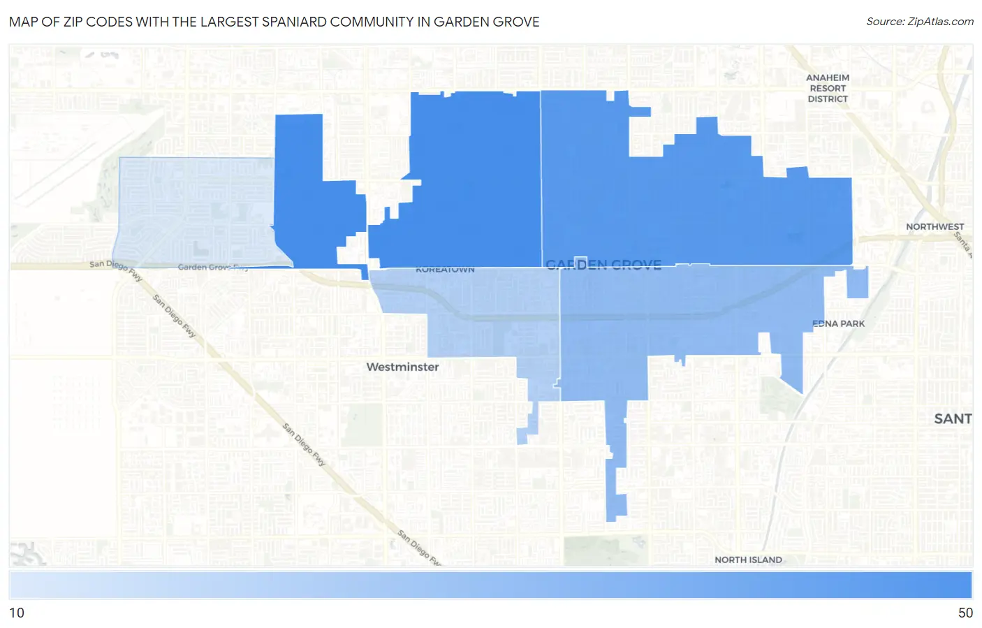 Zip Codes with the Largest Spaniard Community in Garden Grove Map