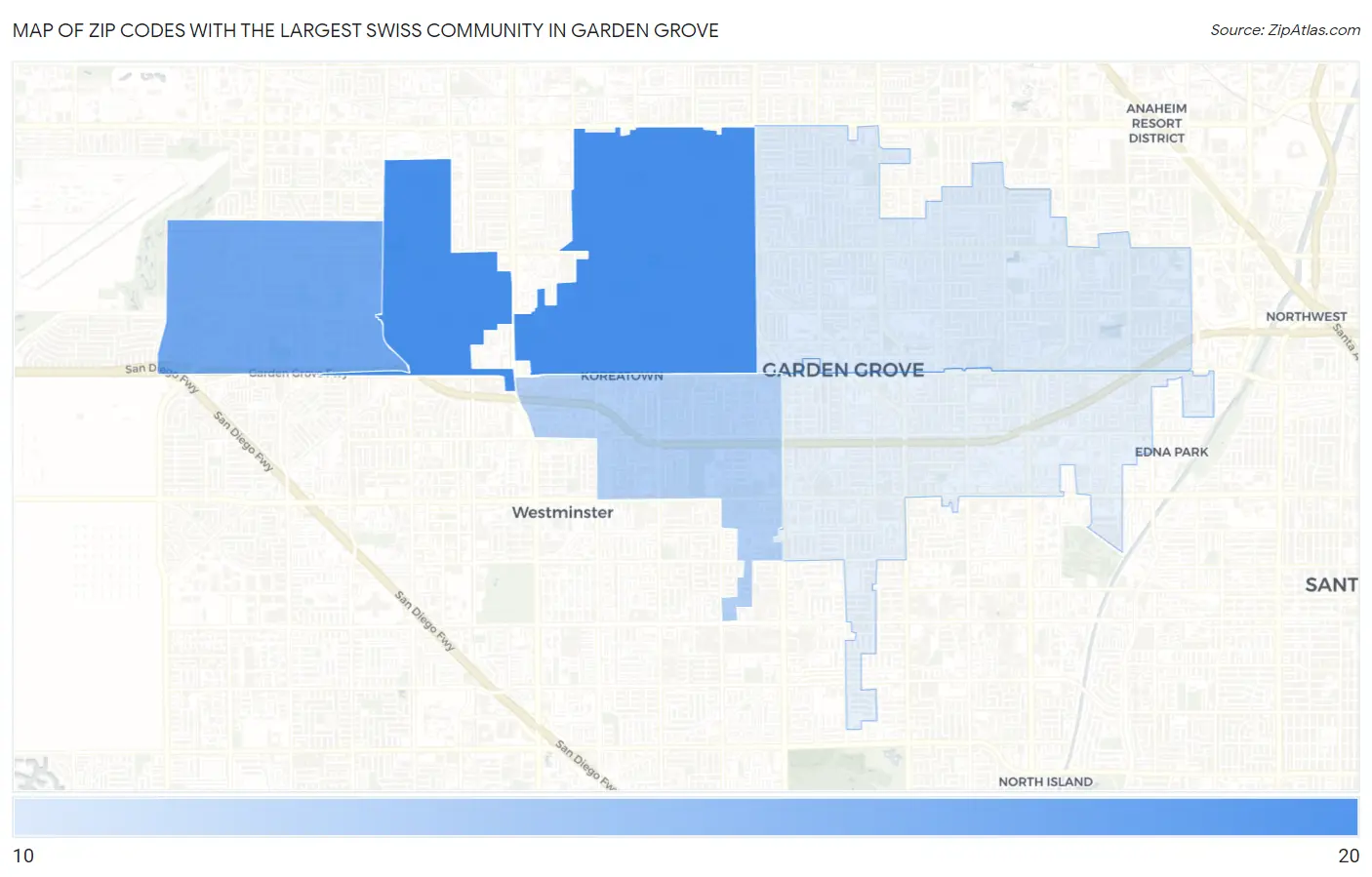 Zip Codes with the Largest Swiss Community in Garden Grove Map