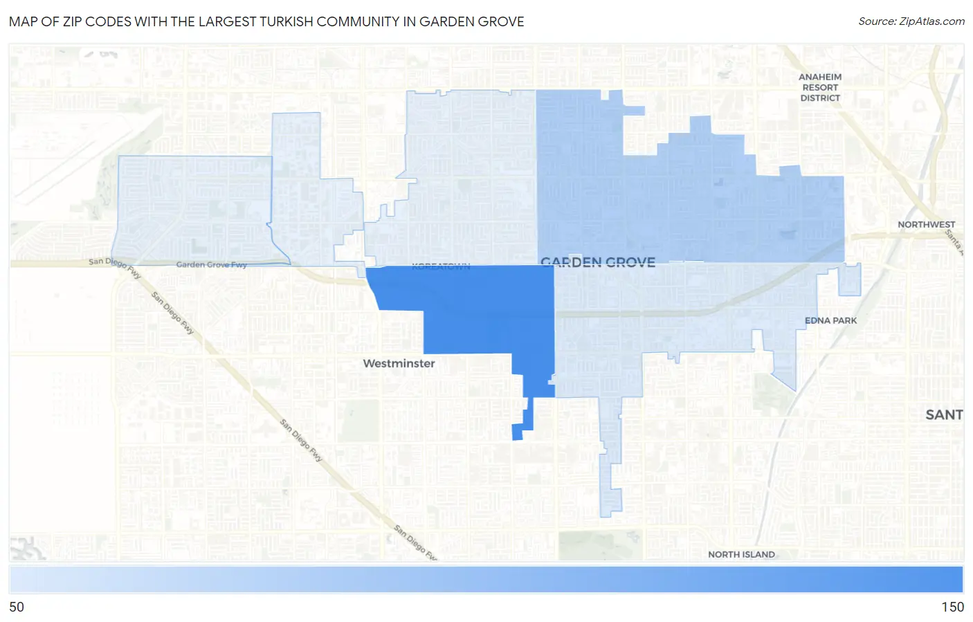 Zip Codes with the Largest Turkish Community in Garden Grove Map