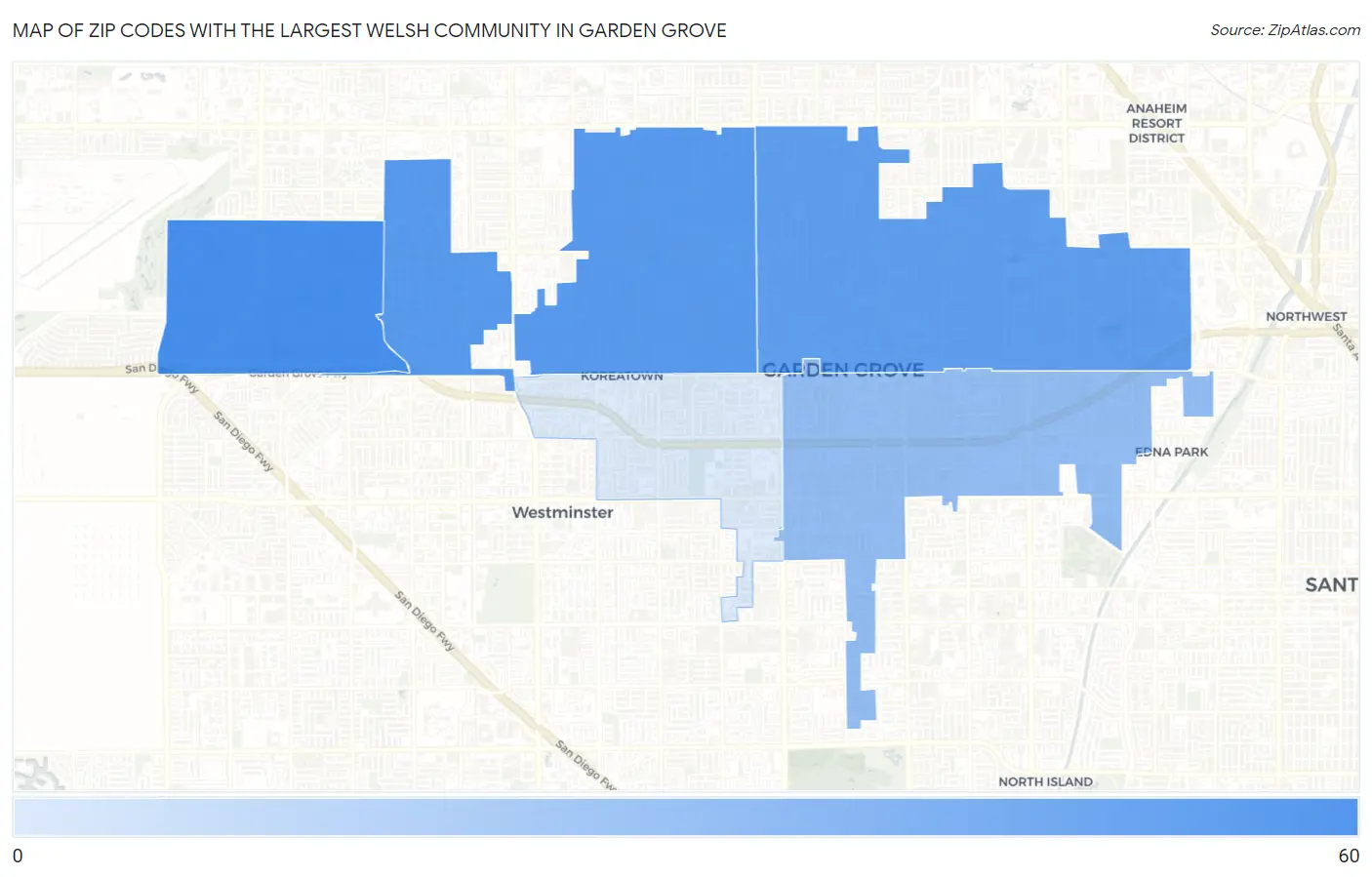Zip Codes with the Largest Welsh Community in Garden Grove Map