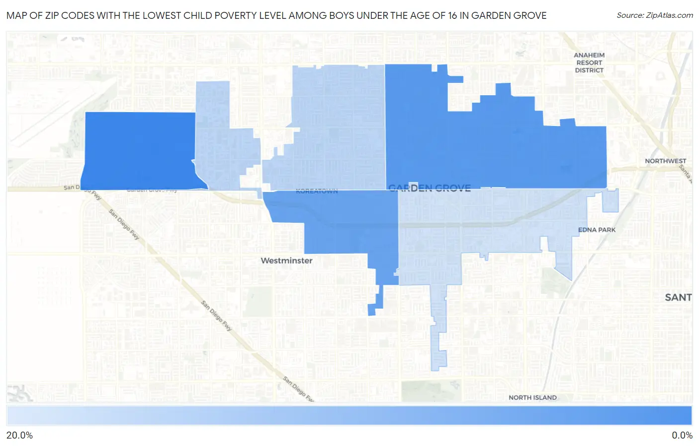 Zip Codes with the Lowest Child Poverty Level Among Boys Under the Age of 16 in Garden Grove Map