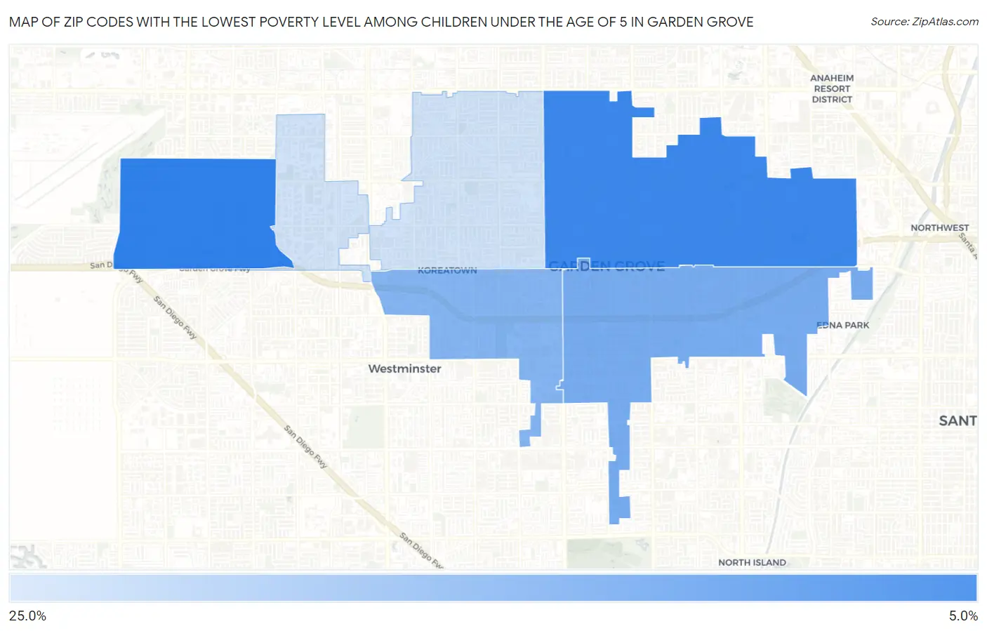 Zip Codes with the Lowest Poverty Level Among Children Under the Age of 5 in Garden Grove Map
