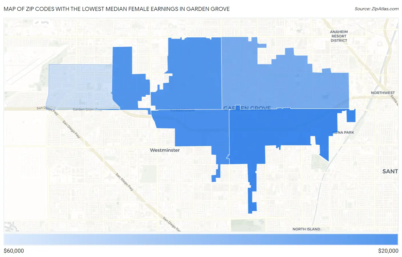 Zip Codes with the Lowest Median Female Earnings in Garden Grove Map