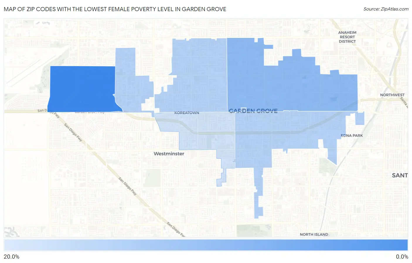 Zip Codes with the Lowest Female Poverty Level in Garden Grove Map
