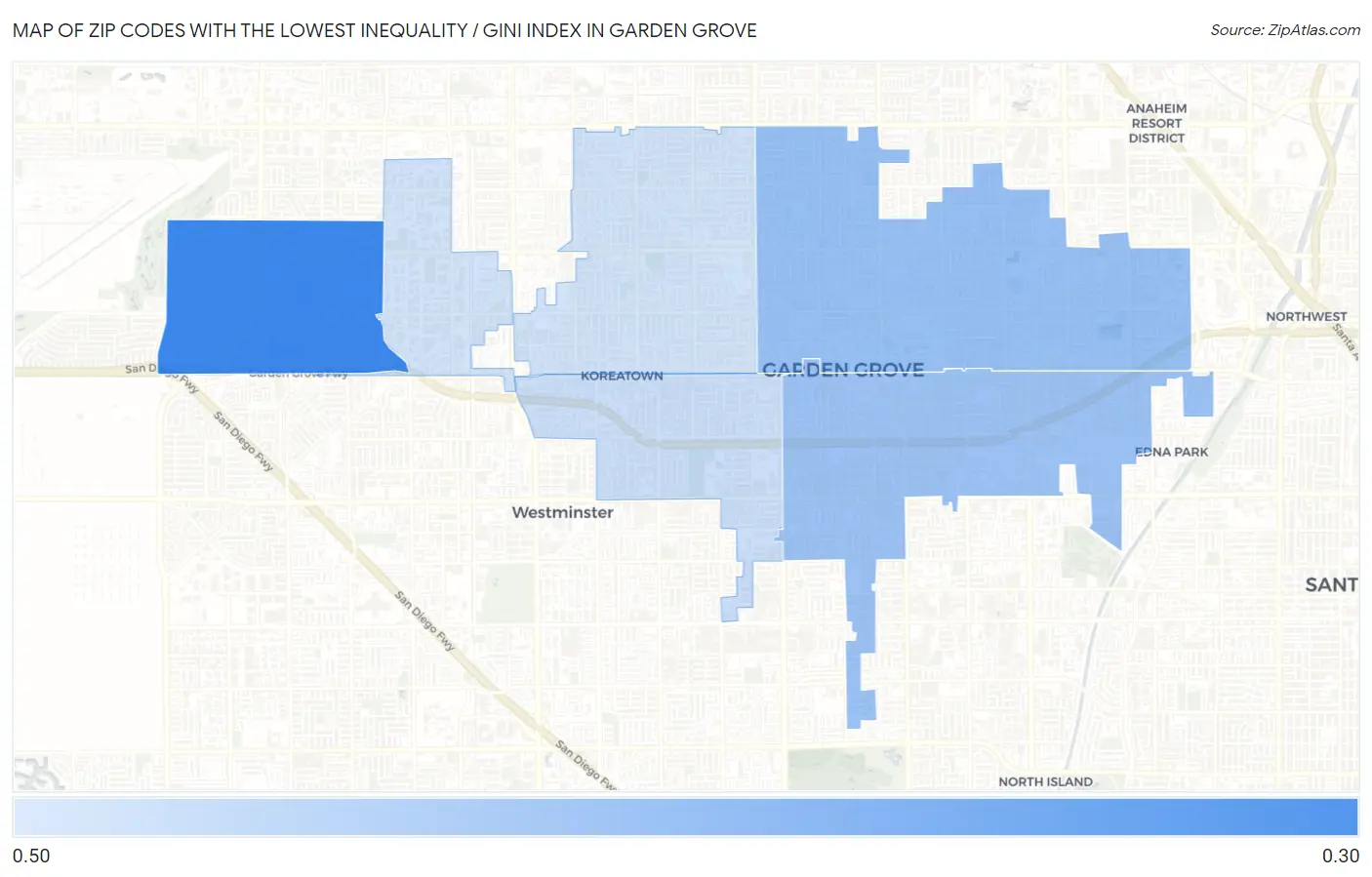Zip Codes with the Lowest Inequality / Gini Index in Garden Grove Map