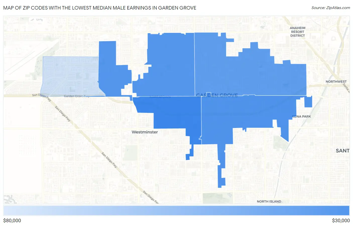 Zip Codes with the Lowest Median Male Earnings in Garden Grove Map