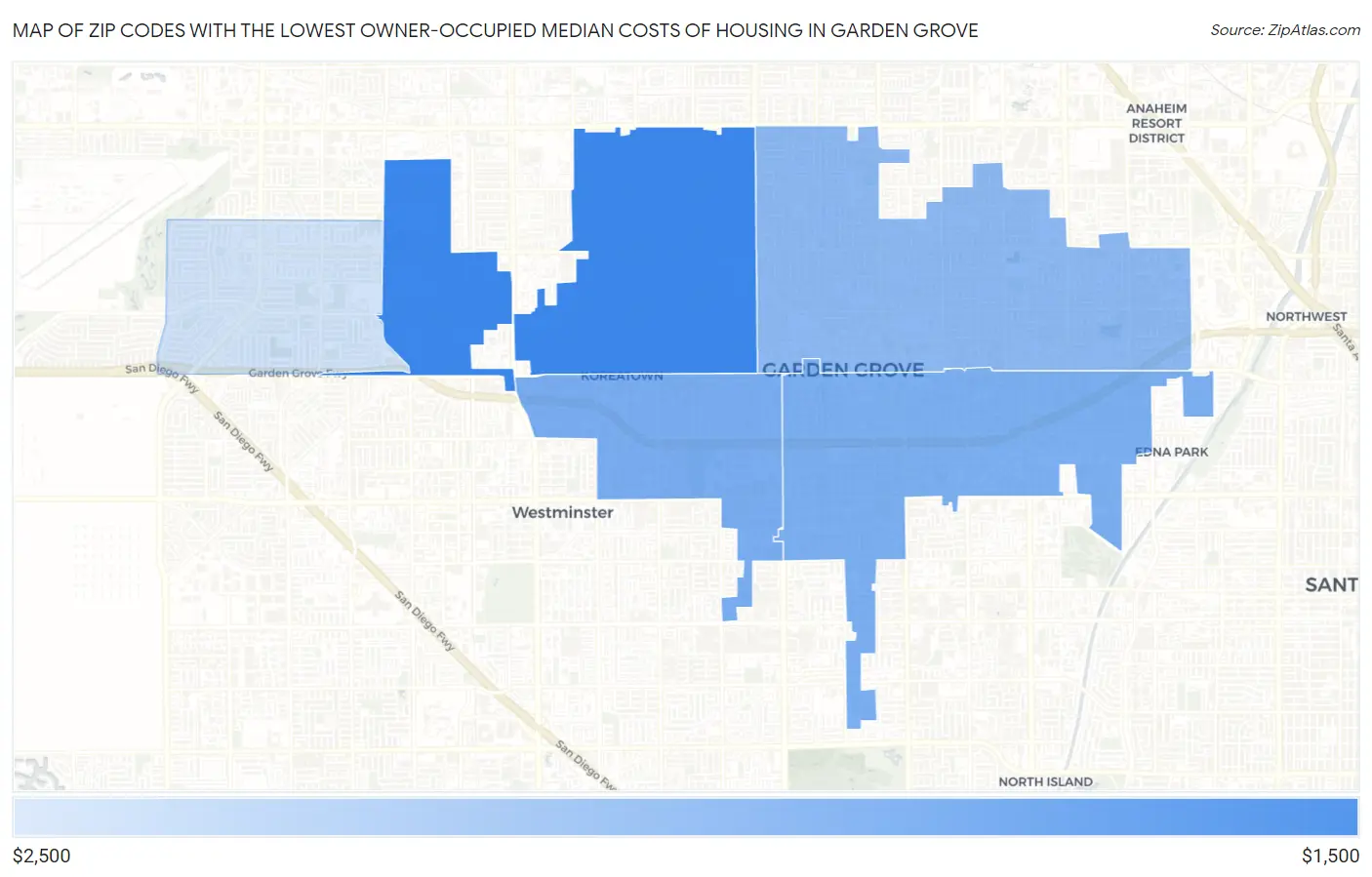 Zip Codes with the Lowest Owner-Occupied Median Costs of Housing in Garden Grove Map