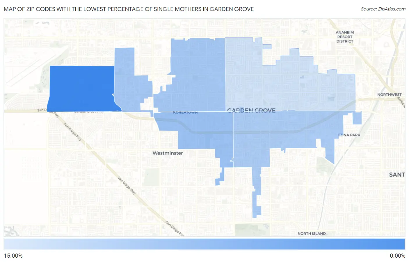 Zip Codes with the Lowest Percentage of Single Mothers in Garden Grove Map