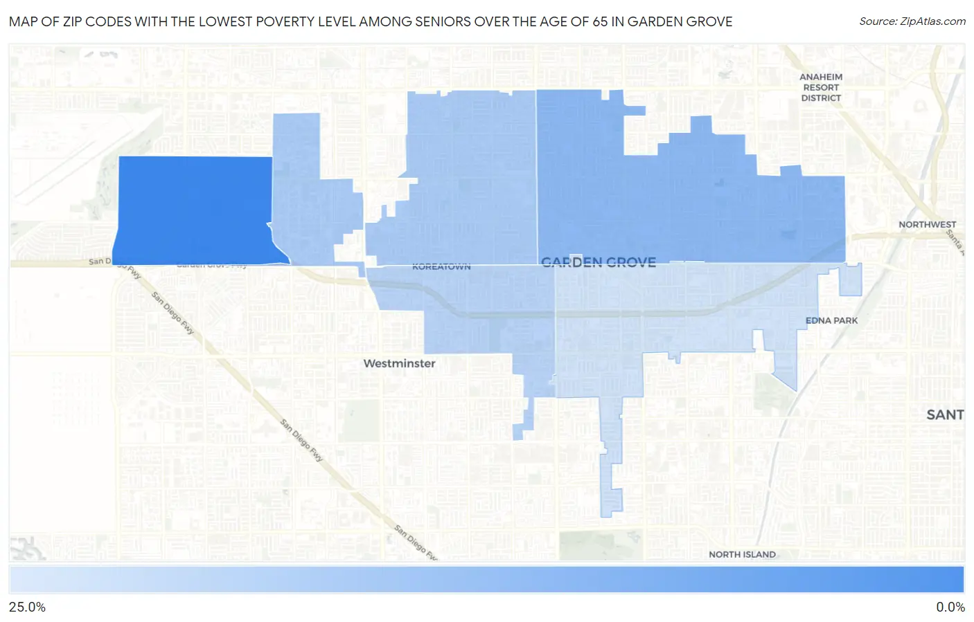 Zip Codes with the Lowest Poverty Level Among Seniors Over the Age of 65 in Garden Grove Map