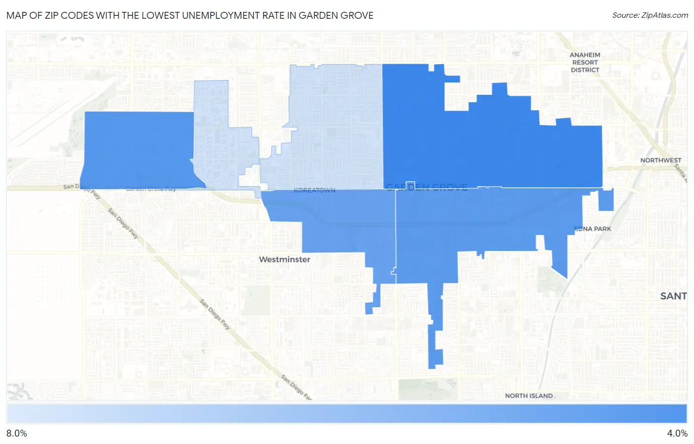 Zip Codes with the Lowest Unemployment Rate in Garden Grove Map