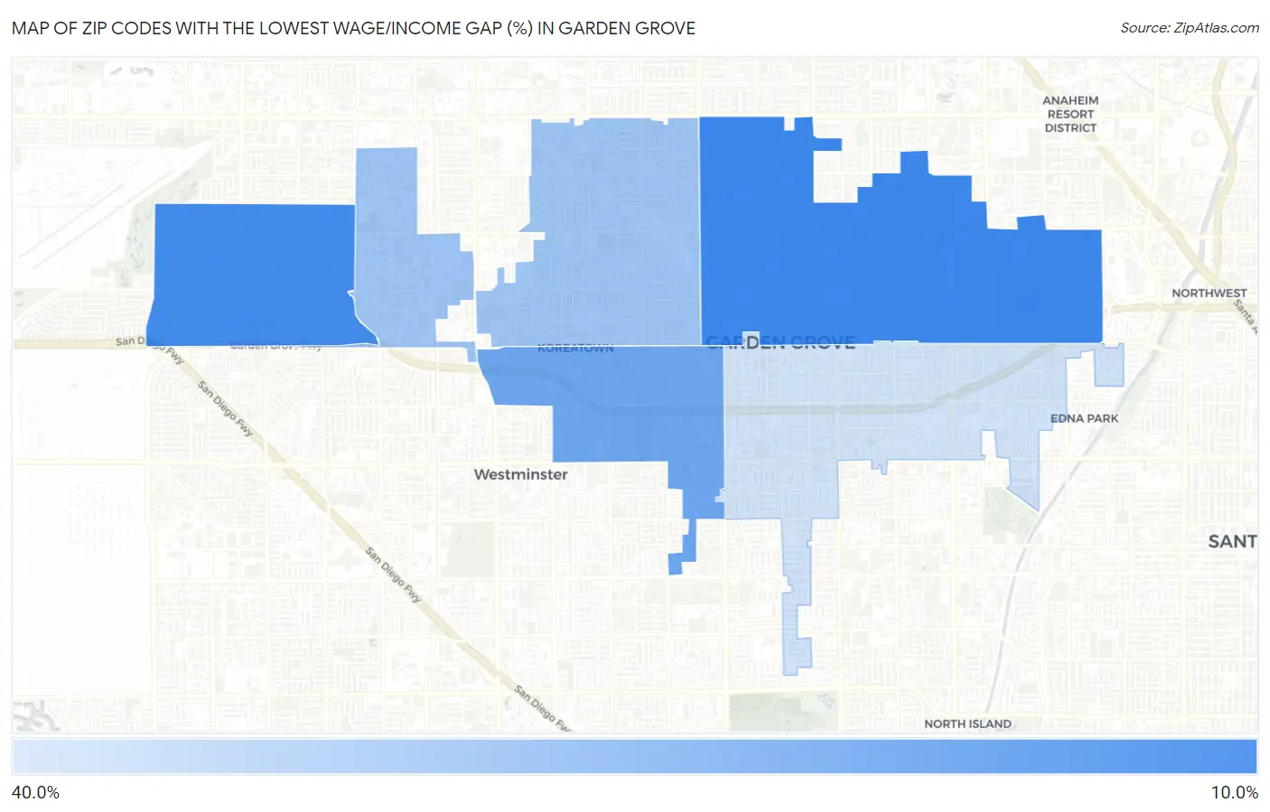 Zip Codes with the Lowest Wage/Income Gap (%) in Garden Grove Map