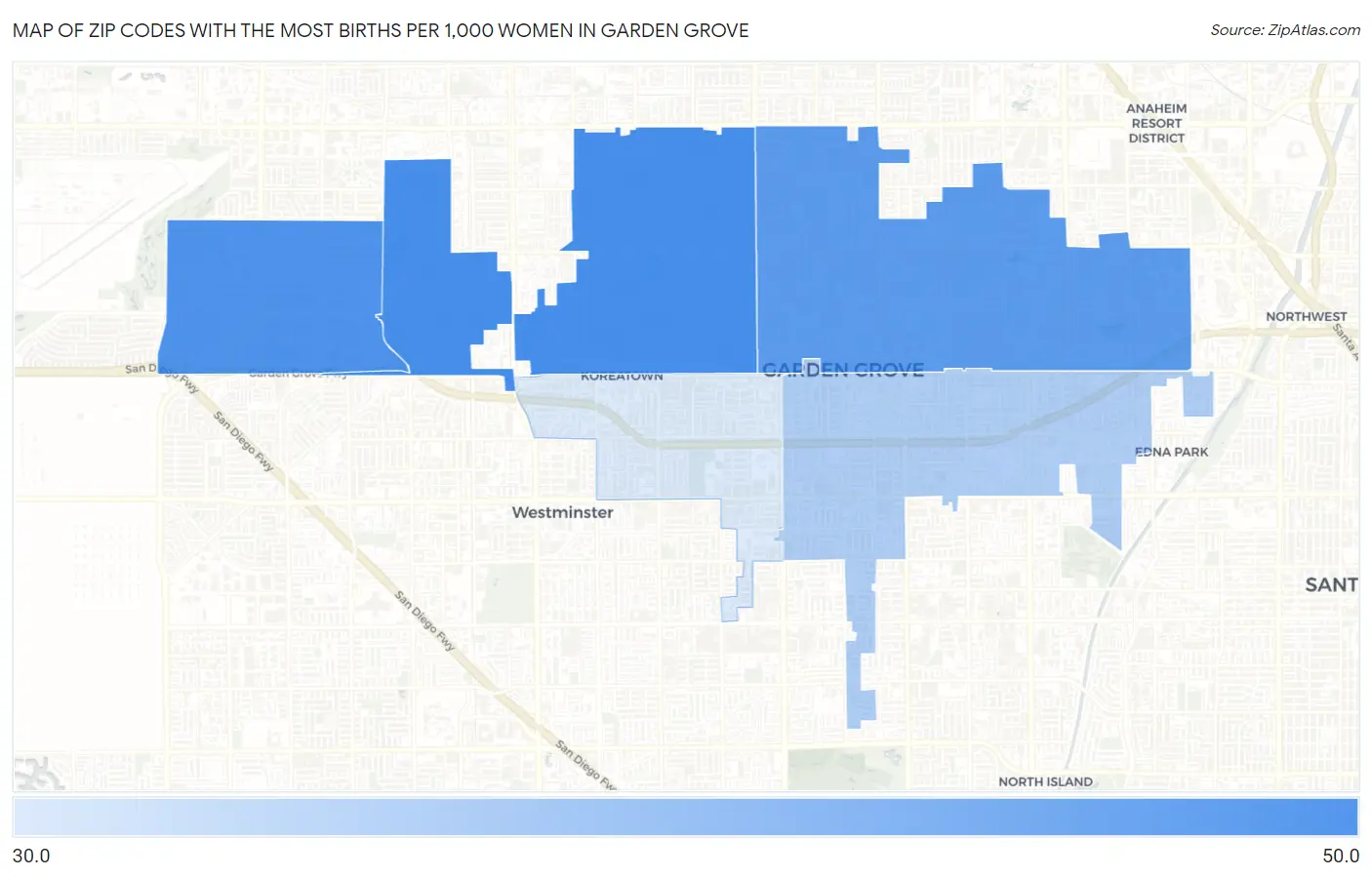 Zip Codes with the Most Births per 1,000 Women in Garden Grove Map