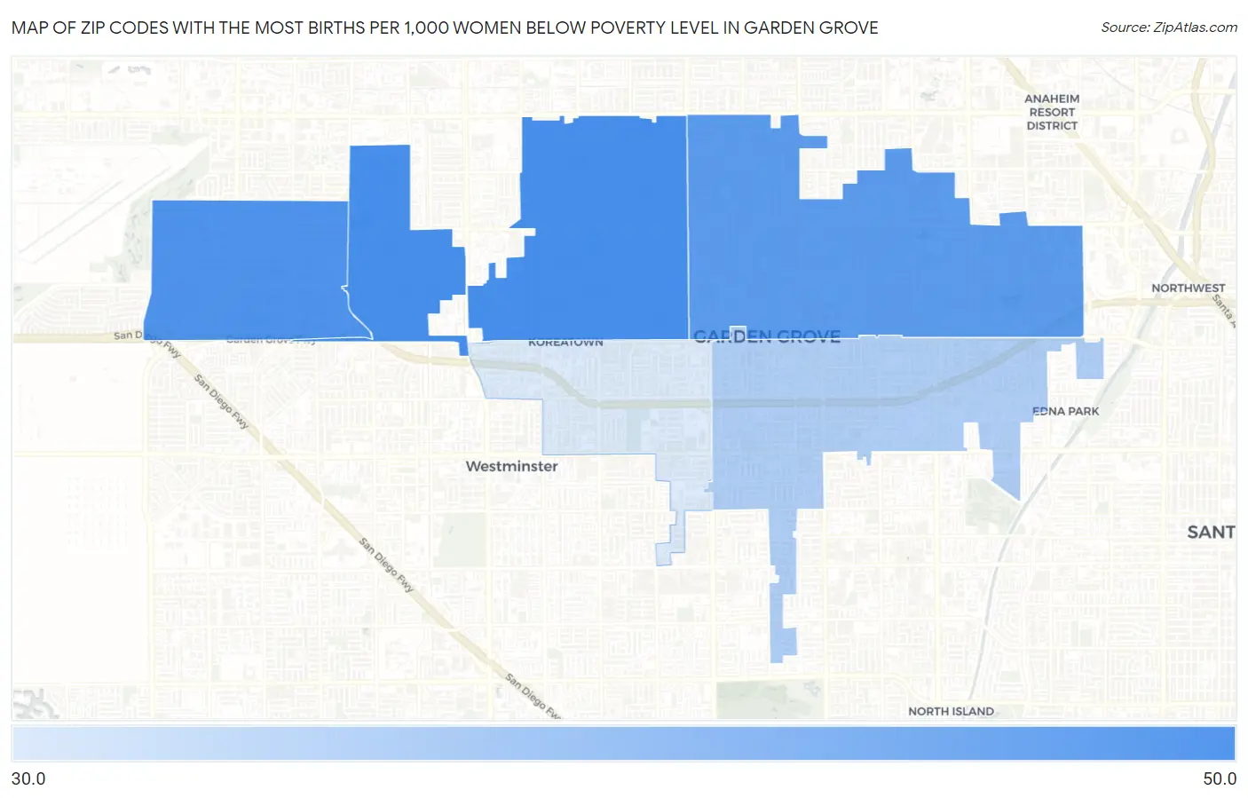 Zip Codes with the Most Births per 1,000 Women Below Poverty Level in Garden Grove Map