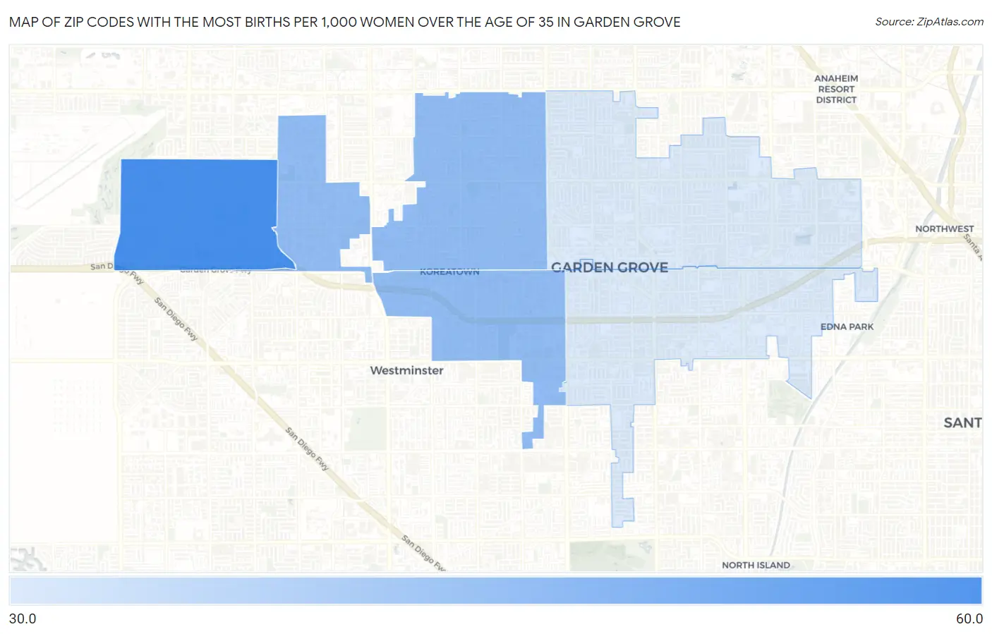 Zip Codes with the Most Births per 1,000 Women Over the Age of 35 in Garden Grove Map