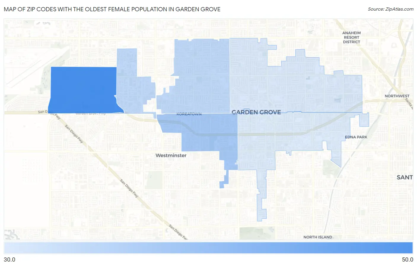 Zip Codes with the Oldest Female Population in Garden Grove Map