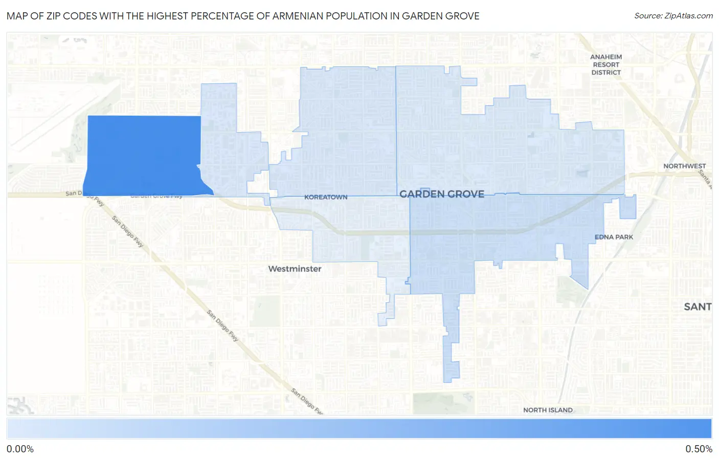 Zip Codes with the Highest Percentage of Armenian Population in Garden Grove Map