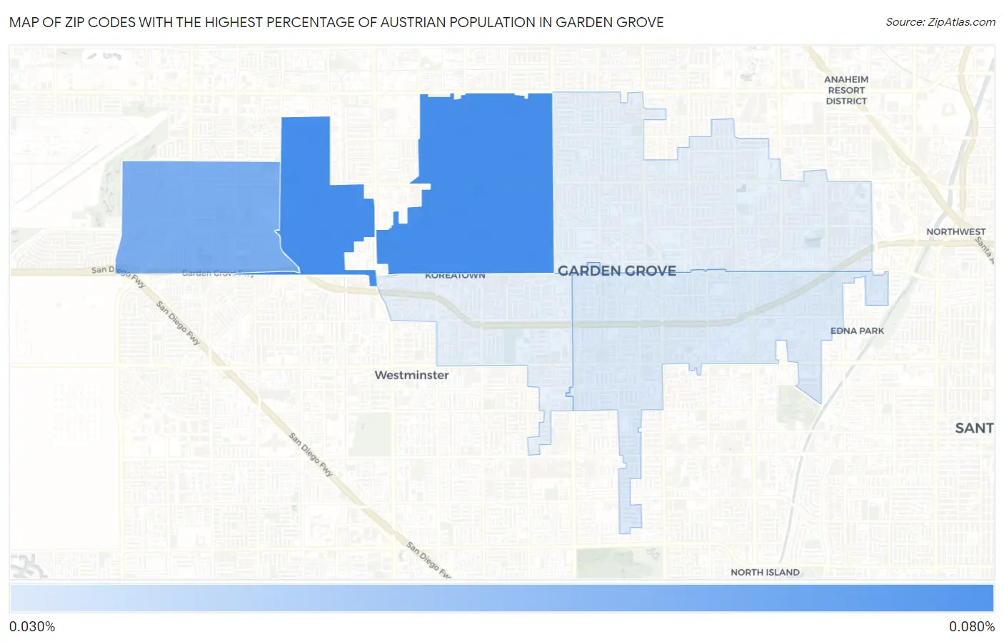 Zip Codes with the Highest Percentage of Austrian Population in Garden Grove Map