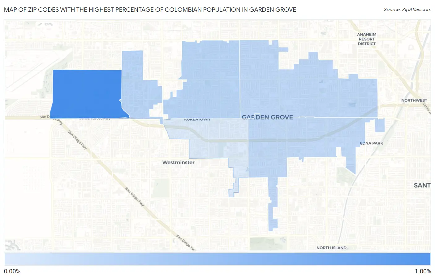 Zip Codes with the Highest Percentage of Colombian Population in Garden Grove Map