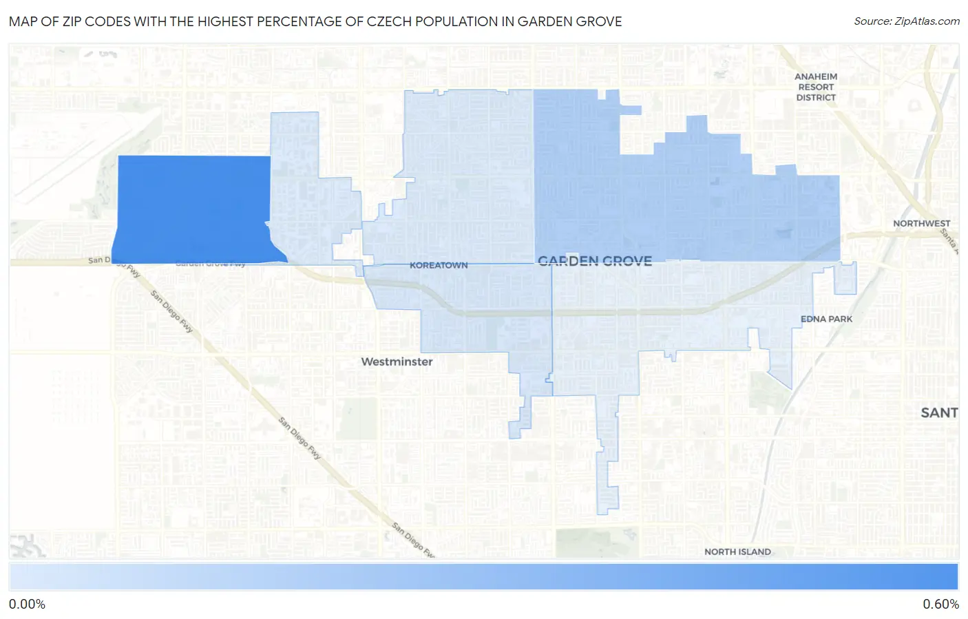 Zip Codes with the Highest Percentage of Czech Population in Garden Grove Map