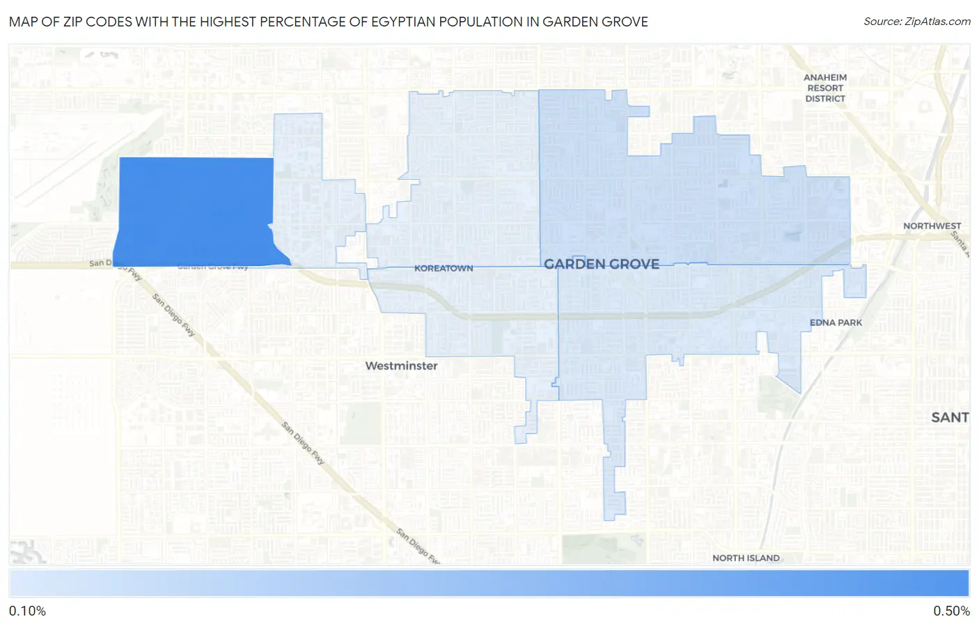 Zip Codes with the Highest Percentage of Egyptian Population in Garden Grove Map