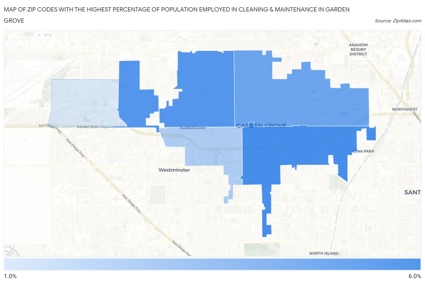 Zip Codes with the Highest Percentage of Population Employed in Cleaning & Maintenance in Garden Grove Map