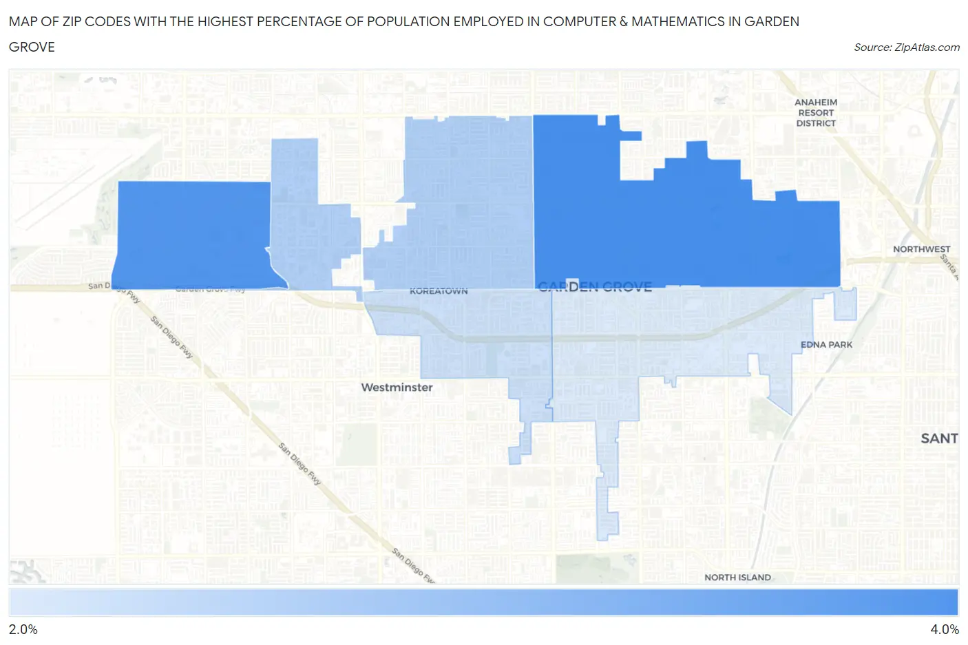 Zip Codes with the Highest Percentage of Population Employed in Computer & Mathematics in Garden Grove Map