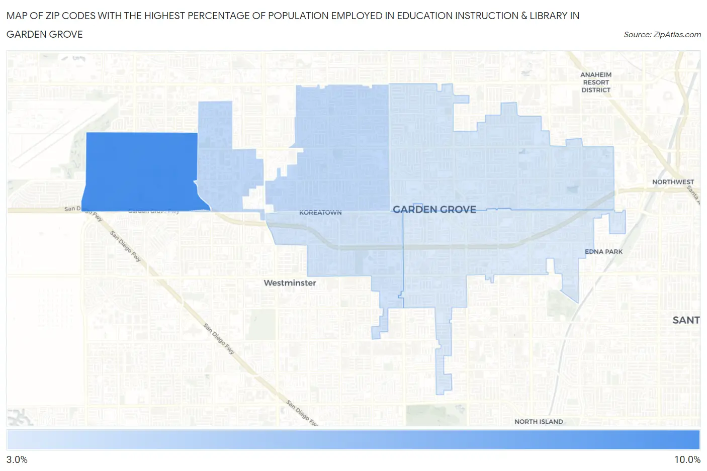 Zip Codes with the Highest Percentage of Population Employed in Education Instruction & Library in Garden Grove Map