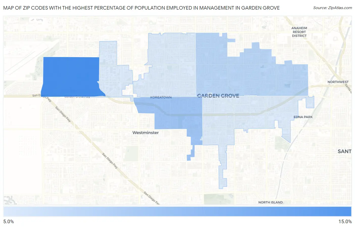 Zip Codes with the Highest Percentage of Population Employed in Management in Garden Grove Map