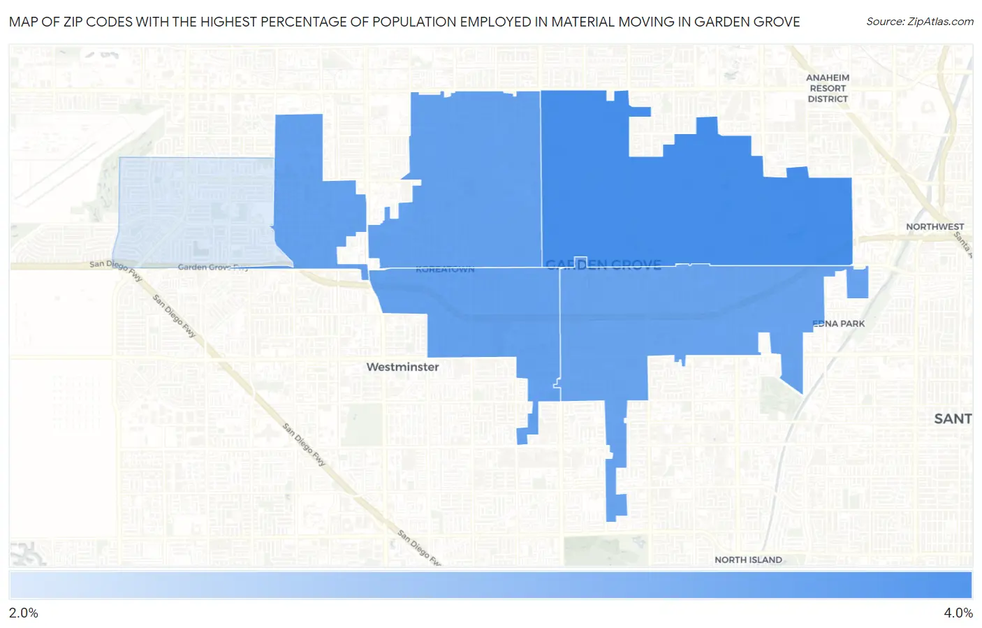 Zip Codes with the Highest Percentage of Population Employed in Material Moving in Garden Grove Map