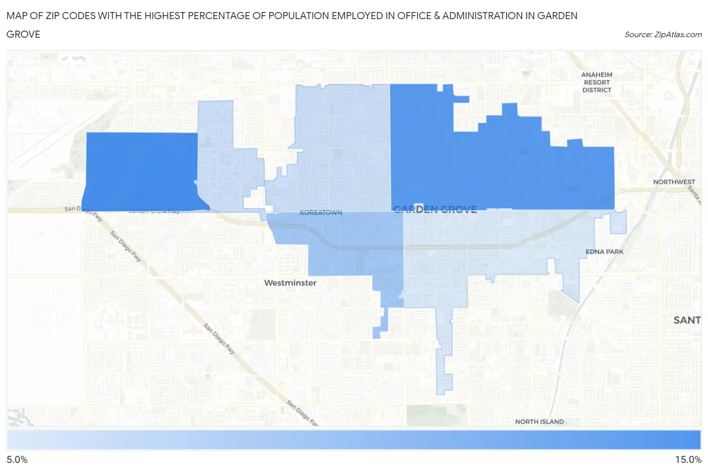Zip Codes with the Highest Percentage of Population Employed in Office & Administration in Garden Grove Map