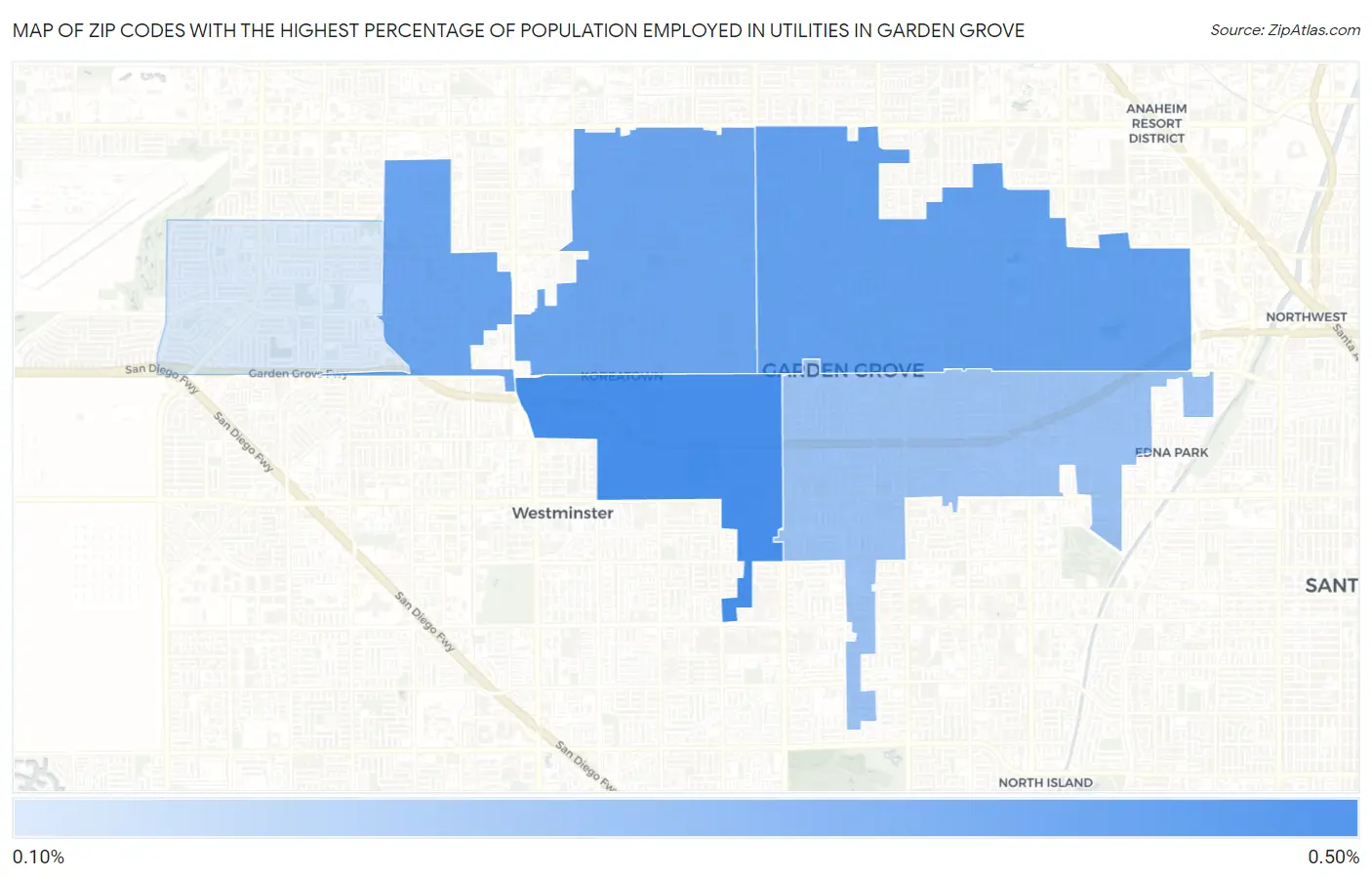 Zip Codes with the Highest Percentage of Population Employed in Utilities in Garden Grove Map