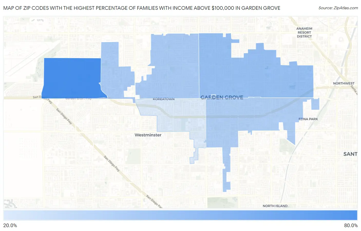 Zip Codes with the Highest Percentage of Families with Income Above $100,000 in Garden Grove Map