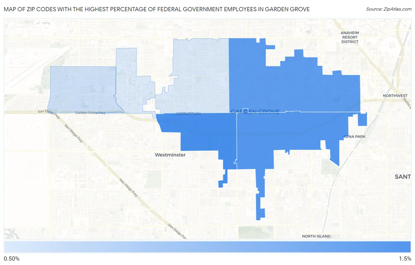 Zip Codes with the Highest Percentage of Federal Government Employees in Garden Grove Map