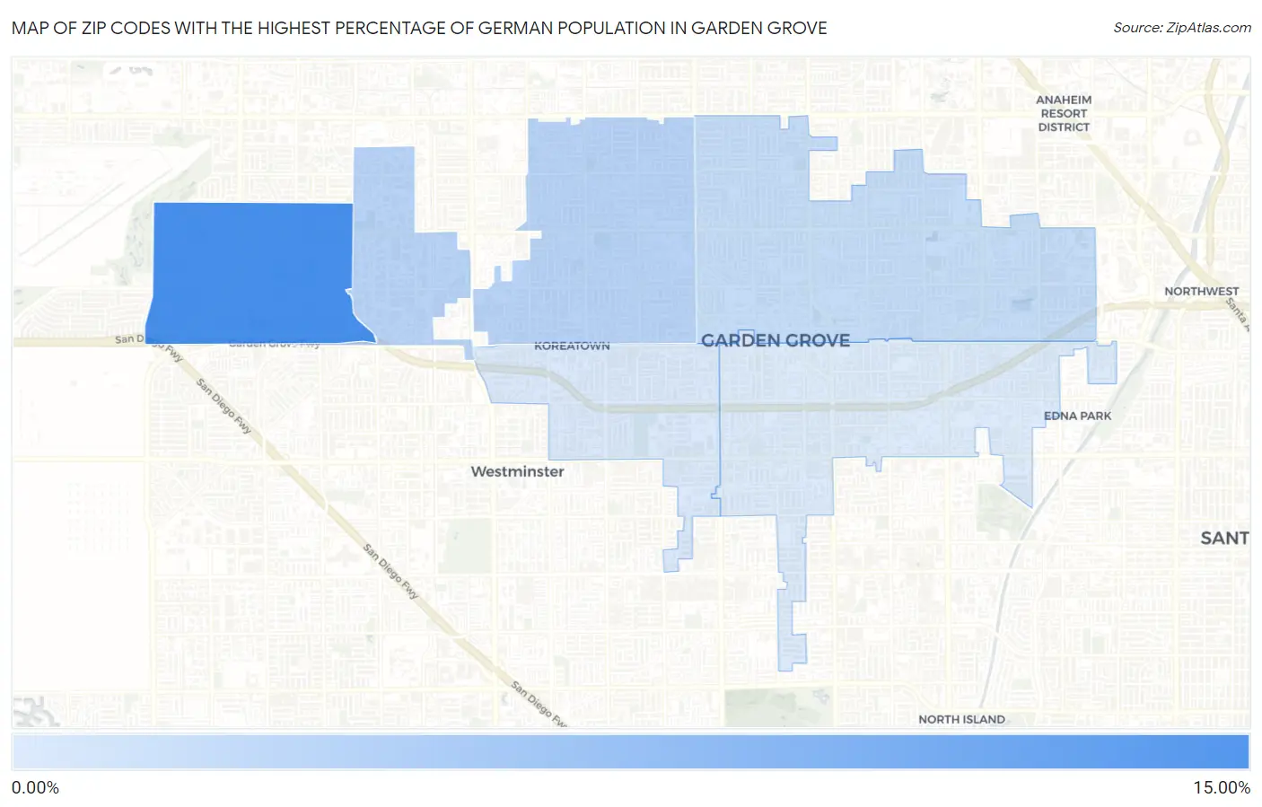 Zip Codes with the Highest Percentage of German Population in Garden Grove Map