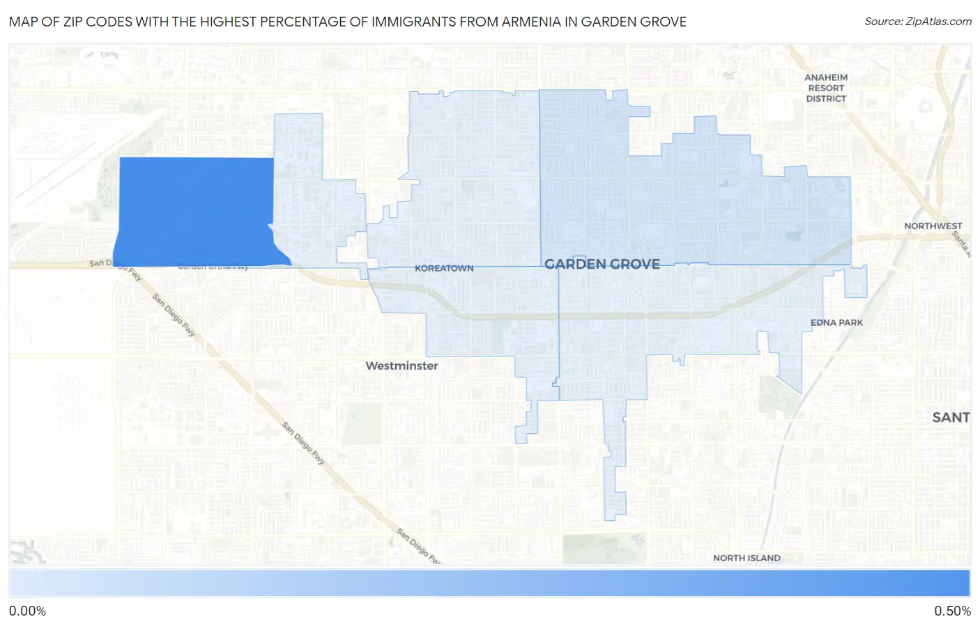 Zip Codes with the Highest Percentage of Immigrants from Armenia in Garden Grove Map