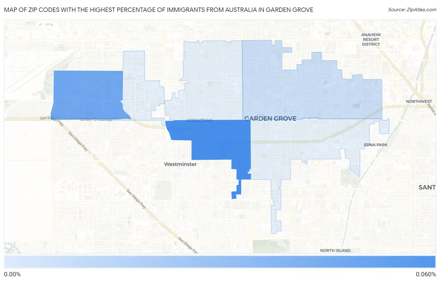 Zip Codes with the Highest Percentage of Immigrants from Australia in Garden Grove Map