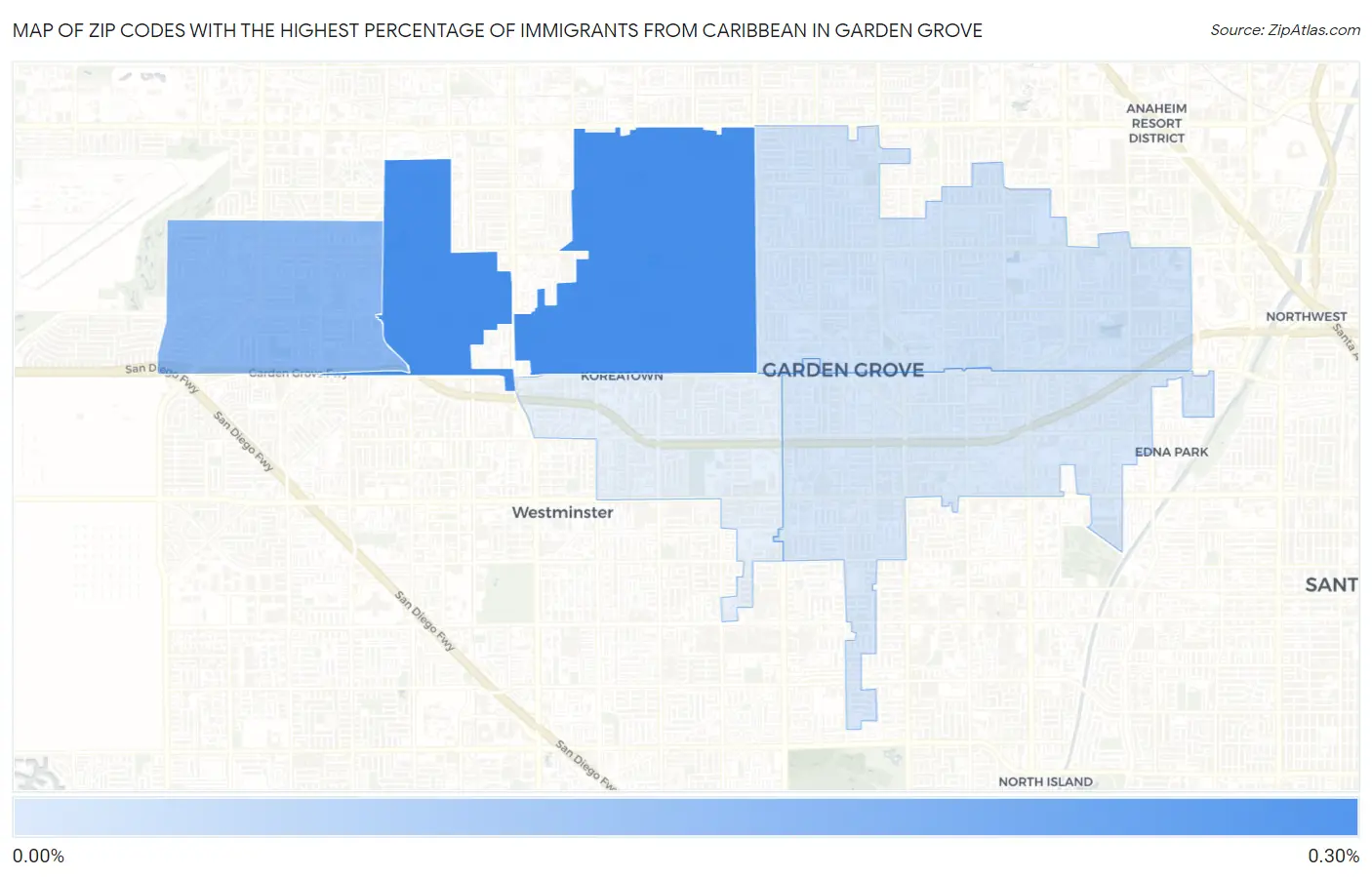 Zip Codes with the Highest Percentage of Immigrants from Caribbean in Garden Grove Map