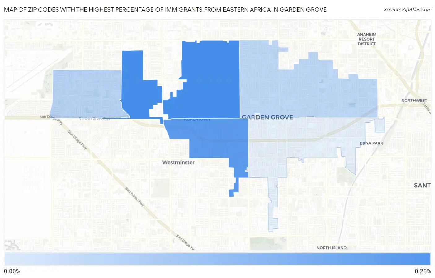 Zip Codes with the Highest Percentage of Immigrants from Eastern Africa in Garden Grove Map