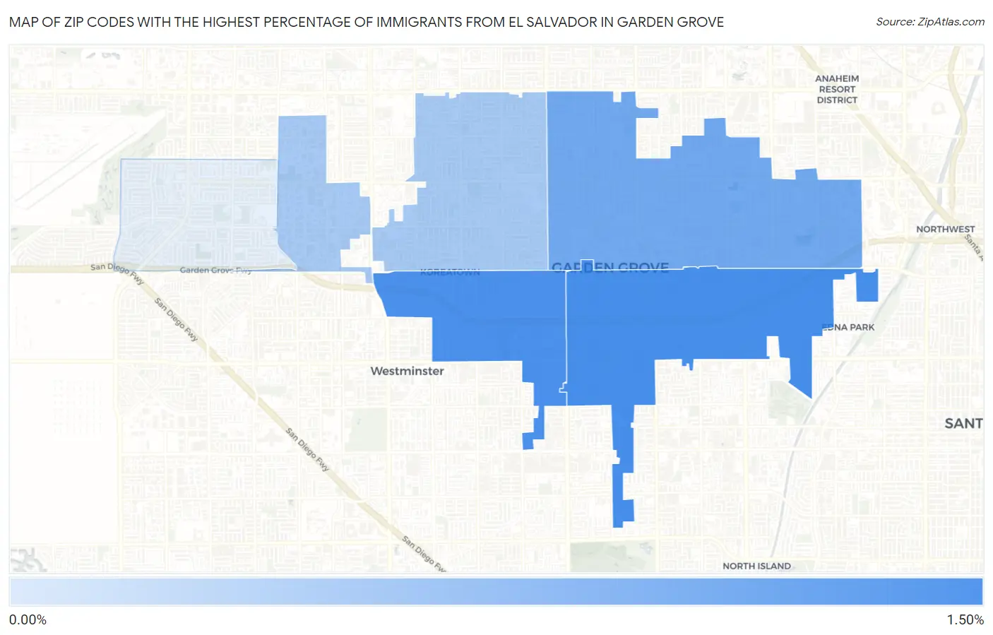 Zip Codes with the Highest Percentage of Immigrants from El Salvador in Garden Grove Map