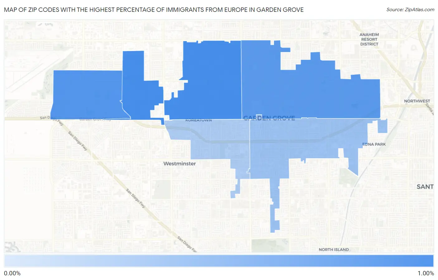 Zip Codes with the Highest Percentage of Immigrants from Europe in Garden Grove Map